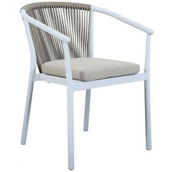 Chaises Suvi AXI, deux chaises de jardin blanches avec coussin polyester kaki, dossier en corde d’oléfine