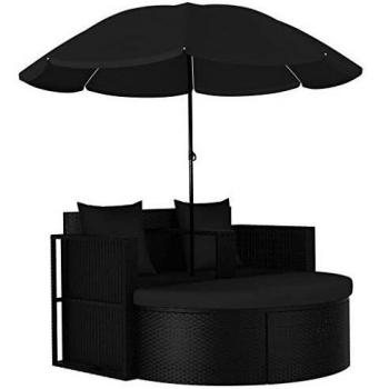 VidaXL Outdoor-Loungebett mit Sonnenschirm aus schwarzem Poly Rattan