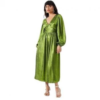 Womens Green Metallic Midi Dress with V Neck and Open Back