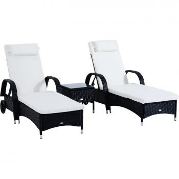 Set di Lettini Sdraio in Rattan con Materassino e Tavolino, 2 Pezzi, Nero