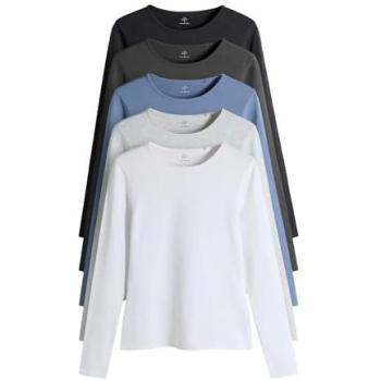 T-shirts col rond manches longues 5 unités bleu marine/bleu clair/gris charbon/gris chiné/blanc