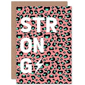 Artery8 Leopard Coral & Green Strong Words Greeting Card – Pink Edition