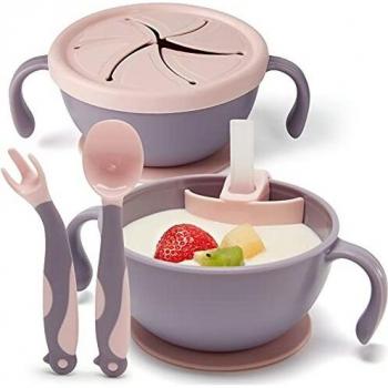 Bol 3 en 1 avec Couvercle de collation et Ventouse Antidérapante, Bébé Succion Bol avec Paille et Fourchette Cuillère, Violet & Rose