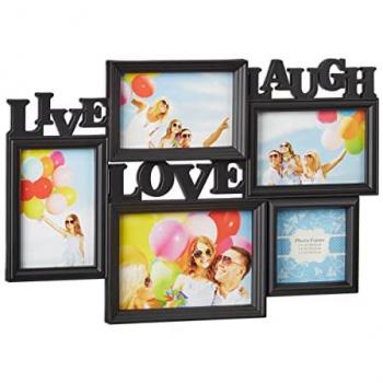 Relaxdays Bilderrahmen Live Love Laugh, 5 Bilder, 3D Collage, Schwarz