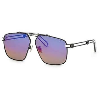 Philipp Plein Men's Semi Matt Black Sunglasses with Shiny Palladium Parts and Smoke/Mirror Rainbow Lenses 63 MM