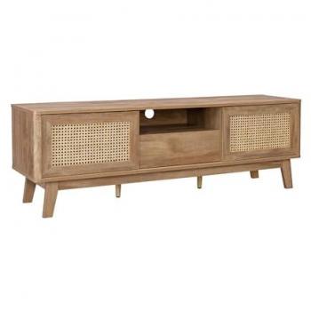Meuble TV 150cm avec portes coulissantes, armoire fermée, étagère effet bois et cannage