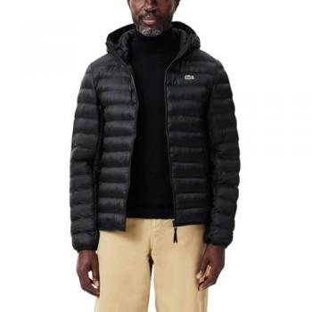 Chaqueta Puffer Lacoste con capucha, acolchada, impermeable, color negro puro, talla L-XL