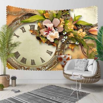 Vintage Clock Bohemian Wall Hanging Tapestry with Green Leaves and Yellow Flowers