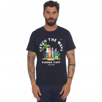 T-shirt blu Sun 68 con stampa Catch the Wave