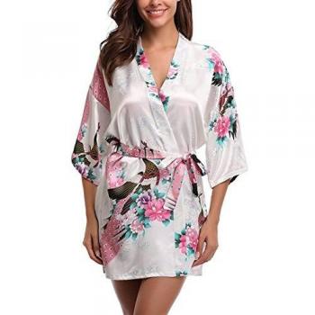 Robe kimono satin Femme, Blanc, L