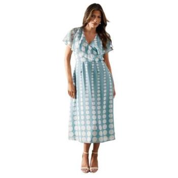 Wallis Womens Chiffon Spot Border Cape Sleeve Midi Dress in Duck Egg Size 10
