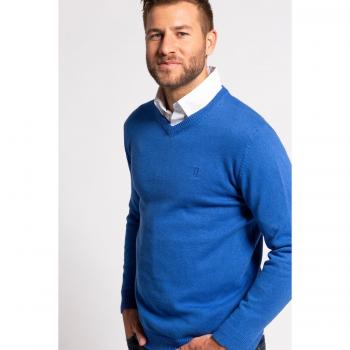 Maglione basic in cotone con scollo a V, Uomo, Blu, Taglia: 3XL