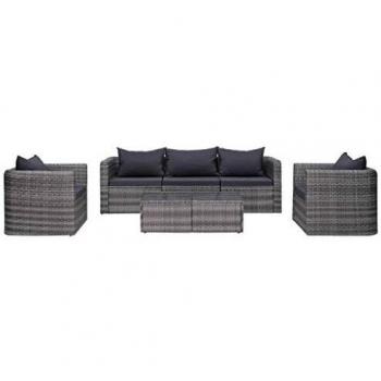 Garten-Sofagarnitur 6-teilig mit Polstern & Kissen aus grauem Poly Rattan