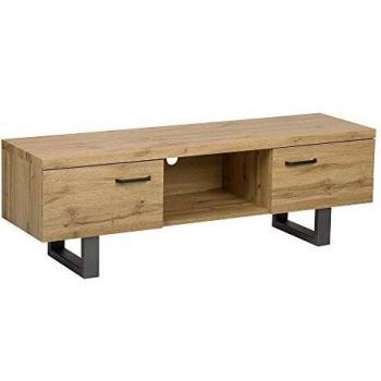 Light Wood Media Unit with Grey Metal Base and Storage Solutions