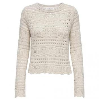 Pullover JDY en coton beige avec broderies anglaises et col bateau