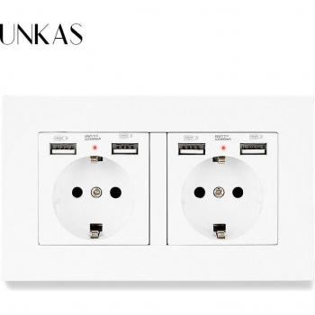 Panel UNKAS de Plástico para PC, 2 Entradas, Enchufe de Pared UE, Puerto de Carga, LED Oculto, 146MM x 86MM