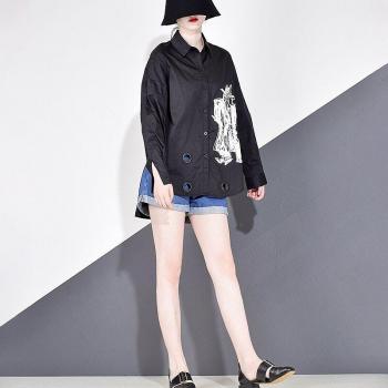 Top Informal de Mujer con Estampado y Abertura Lateral, Manga Larga, Cuello Turn Down, Tendencia Otoño