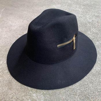 Fedora negra con cremallera para mujer, sombrero flexible de fieltro de lana, ideal para iglesia