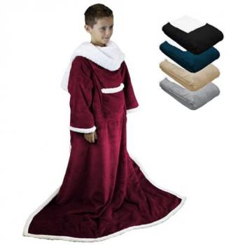 Plaid en polaire Sherpa/Flanelle – Enfant, couleur prune, dimensions 120x160 cm, avec manches & poche