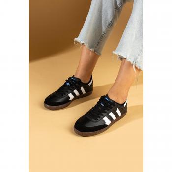 Sneaker femminile con lacci e suola confortevole, 3 strisce 001-1009-NeroBianco