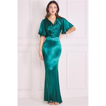 Goddiva Satin Maxisleeve Cowl Dress – Emerald Trim