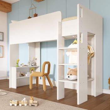 Suite de Cama Altillo 90x200 – Armario + Estanterías Abiertas + Escalera – Blanco
