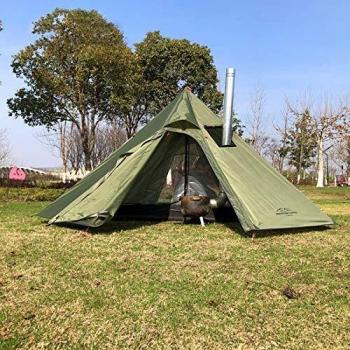 Tente de camping tipi étanche quatre saisons famille pyramide randonnée alpinisme abri chauffé cheminée smokey installation facile 1 à 3 personnes (vert)
