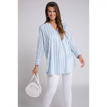 Women's Plus Size Cotton Blend Pleated Tunic Shirt, Blue Stripes, Size 28/30