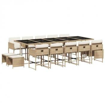 15-Piece Outdoor Dining Set with Cushions in Beige Poly Rattan