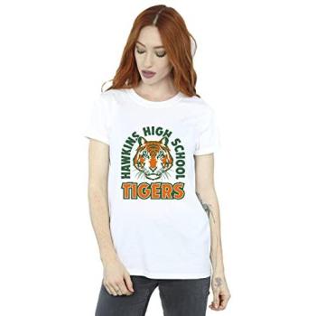 Women’s Stranger Things Hawkins Tiger Cotton Boyfriend Shirt – XL White Edition
