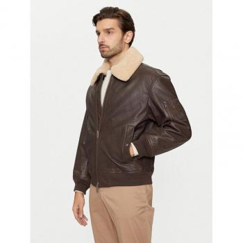 BOSS Orange Straight Fit Lederjacke „Jobark“ – abnehmbarer Lammfellkragen – Dunkelbraun – Größe 50 – Herren