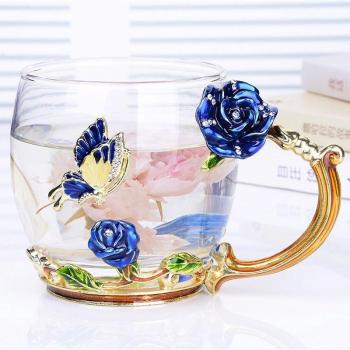 Blue Rose Enamel Tea Cup with Spoon Set