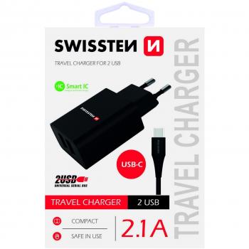 Chargeur secteur double USB 2,1 A SmartIC + câble USB‑C noir Swissten – Neuf