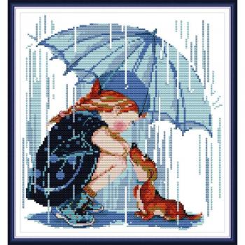 Girls and Dogs in the Rain Cross Stitch Kit Aida 14ct/11ct Count Printed Canvas Needlework Embroidery RA244