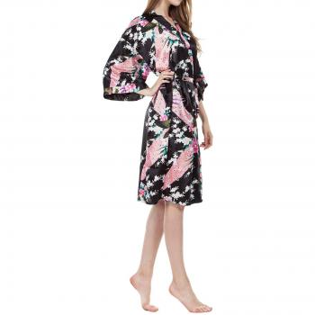 Damen langer Satin Bademantel Kimono, Negligee mit Pfau und Blumen, locker geschnitten