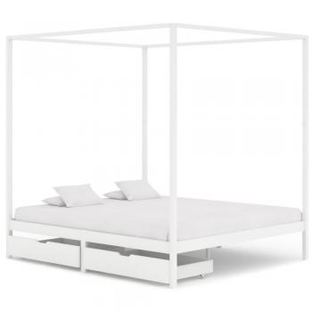 Himmelbett 180x200 cm – Kiefernholz, weiß, 2 Schubladen