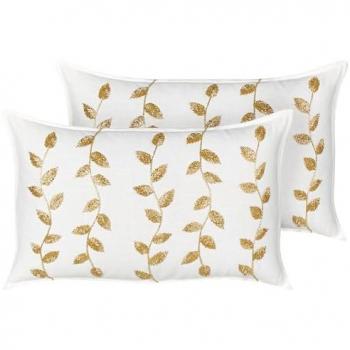 BELIANI Decorative Throw Pillows Set of 2, White and Gold, 30 x 50 cm, Leaf Pattern