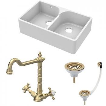 Fireclay 2 Bowl Butler Sink Bundle with Wastes and Tap