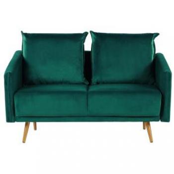 2-Seater Back Cushioned Sofa in Emerald Green Velvet with Metal Legs in Gold