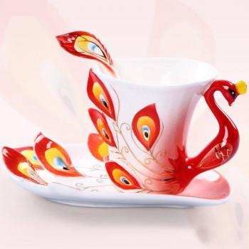 Colorful Enamel Peacock Coffee Cup with Plate