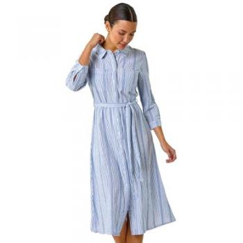 Long Sleeve Belted Collared Shirt Dress – Roman Original, Light Blue Stripe, Winter Collection