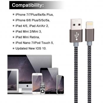 Nylon USB‑Stromkabel 4 Pack – 1,5 m – Grau/​Silber – Unterstützt iPhone XS/XR/Pro und iPad Mini Air