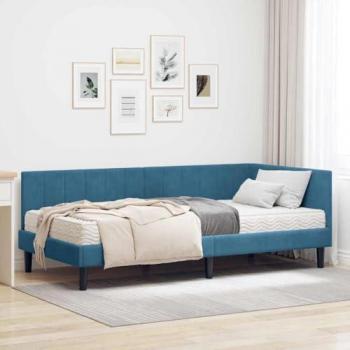 Lit d'angle avec matelas bleu en velours 90 x 200 cm
