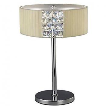 Lampada Rotonda da Tavolo con Paralume Crema e Elementi in Cromo e Cristallo