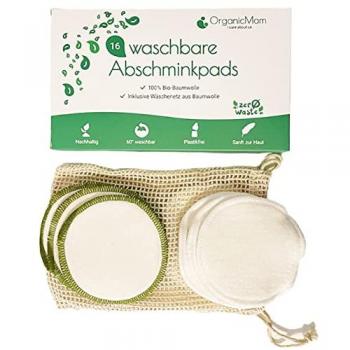 OrganicMom® 16‑Stück Waschbare Abschminkpads – Bio‑Baumwolle, Natur & Grün, Beutel enthalten