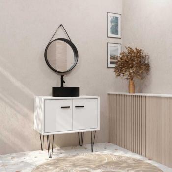 Baignoire Meuble 80 cm Blanc-Noir Pieds – 2 Panneaux, Vasque Circulaire, Miroir Noir