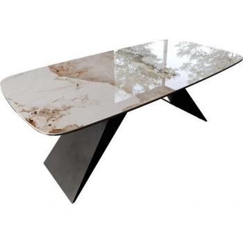 DELIFE Edge Esstisch Boot – 200×100 cm, keramische Oberfläche Minas Melange Weiß‑Beige, schwarzes V‑Gestell in Flachstahl