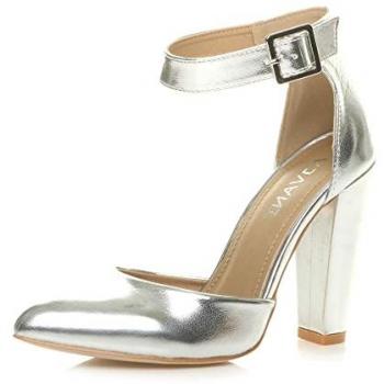 Silver Ankle‑Strap High Block Heel, Two‑Piece, Pointed Toe – Women’s 7