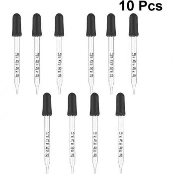 10Pcs Glass Pipette Droppers (1ml, Rubber Head, Straight, Scale, Plastic Tube Packaging)