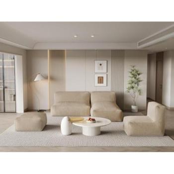 Canapé modulable d’angle avec chaise longue et pouf en velours côtelé beige – NOUMARA